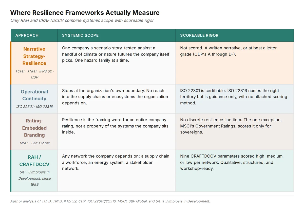 Where resilience frameworks actually measure: systemic scope versus scoreable rigor across four approaches, showing only RAH/CRAFTDCCV combines both