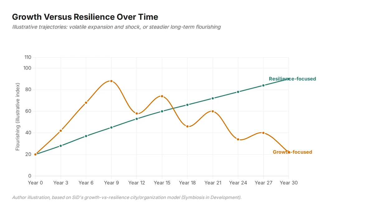 Growth versus resilience over time: volatile expansion and shock versus steadier long-term flourishing